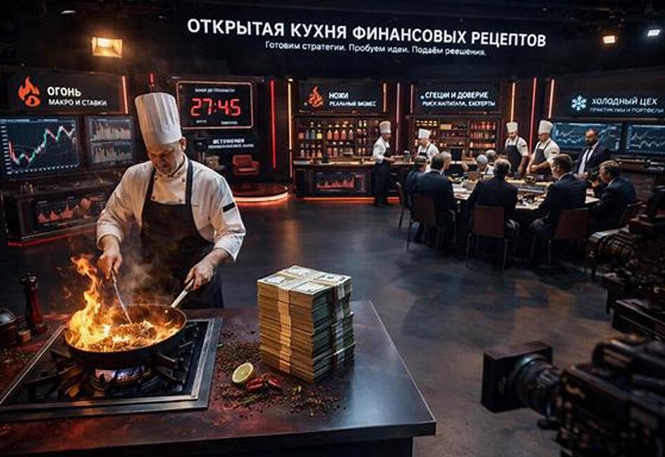 Студия «Открытая кухня финансовых рецептов»: повар у плиты, вокруг экраны с графиками